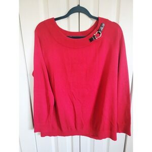 Lauren Ralph Lauren‎ 1X Sweater Women's Cotton Red Cotton Equestrian Buckle LS